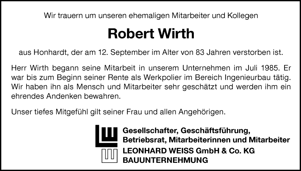  Traueranzeige für Robert Wirth vom 21.09.2023 aus Hohenloher Tagblatt