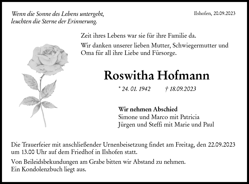  Traueranzeige für Roswitha Hofmann vom 20.09.2023 aus Haller Tagblatt