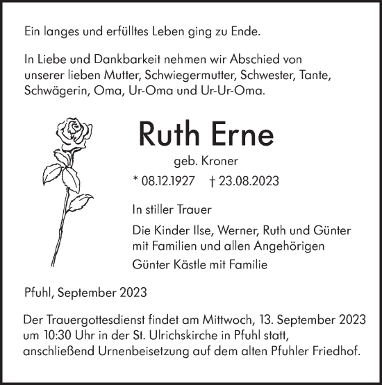 Traueranzeige von Ruth Erne von SÜDWEST PRESSE Ausgabe Ulm/Neu-Ulm