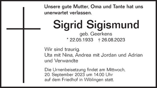 Traueranzeige von Sigrid Sigismund von SÜDWEST PRESSE Ausgabe Ulm/Neu-Ulm