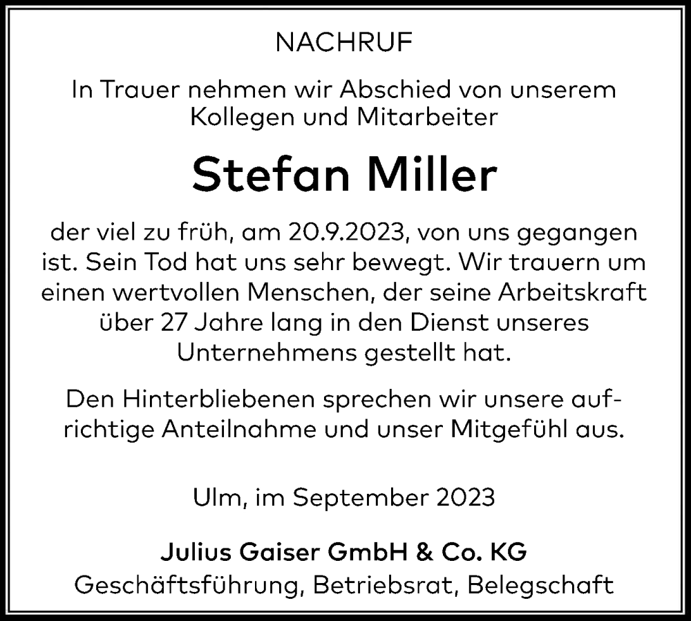  Traueranzeige für Stefan Miller vom 27.09.2023 aus SÜDWEST PRESSE Ausgabe Ulm/Neu-Ulm