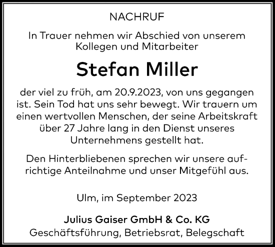 Traueranzeige von Stefan Miller von SÜDWEST PRESSE Ausgabe Ulm/Neu-Ulm