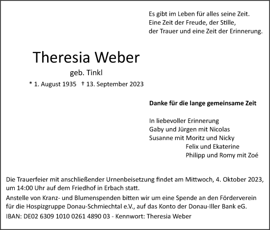 Traueranzeige von Theresia Weber von SÜDWEST PRESSE Ausgabe Ulm/Neu-Ulm