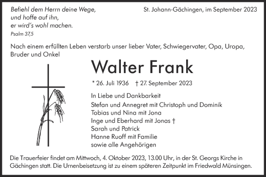Traueranzeige von Walter Frank von Alb-Bote/Metzinger-Uracher Volksblatt