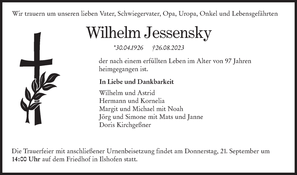  Traueranzeige für Wilhelm Jessensky vom 19.09.2023 aus Haller Tagblatt