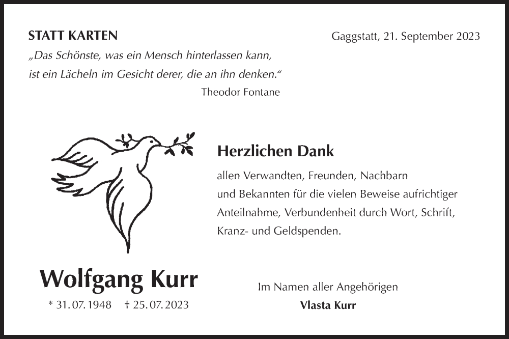  Traueranzeige für Wolfgang Kurr vom 21.09.2023 aus Hohenloher Tagblatt
