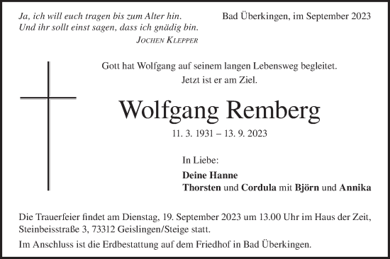 Traueranzeige von Wolfgang Remberg von Geislinger Zeitung