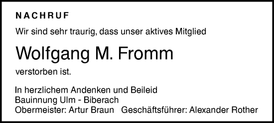 Traueranzeige von Wolfgang M. Fromm von SÜDWEST PRESSE Ausgabe Ulm/Neu-Ulm