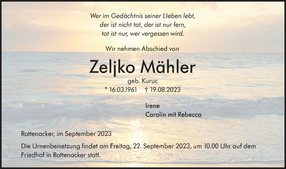  Traueranzeige für Zeljko Mähler vom 19.09.2023 aus Ehinger Tagblatt