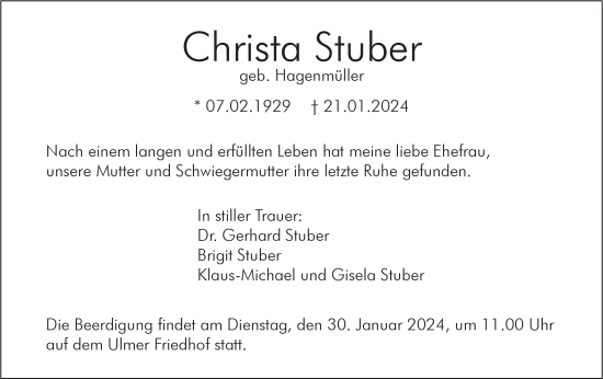 Traueranzeige von Christa Stuber von SÜDWEST PRESSE Ausgabe Ulm/Neu-Ulm