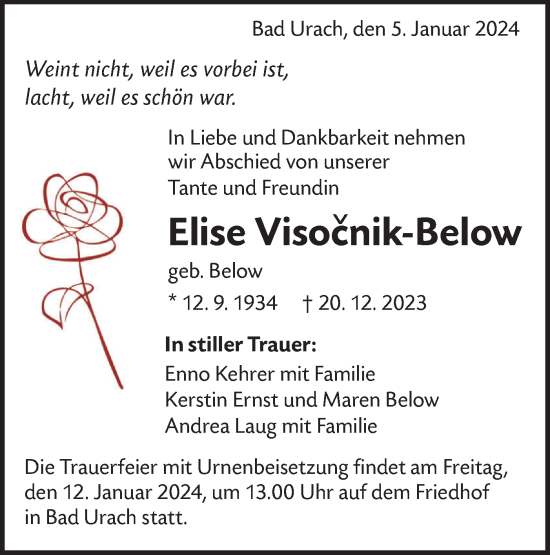 Traueranzeige von Elise Visocnik-Below von SÜDWEST PRESSE/SÜDWEST PRESSE