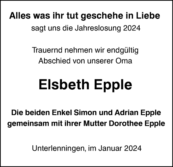 Traueranzeige von Elsbeth Epple von Alb-Bote/Metzinger-Uracher Volksblatt