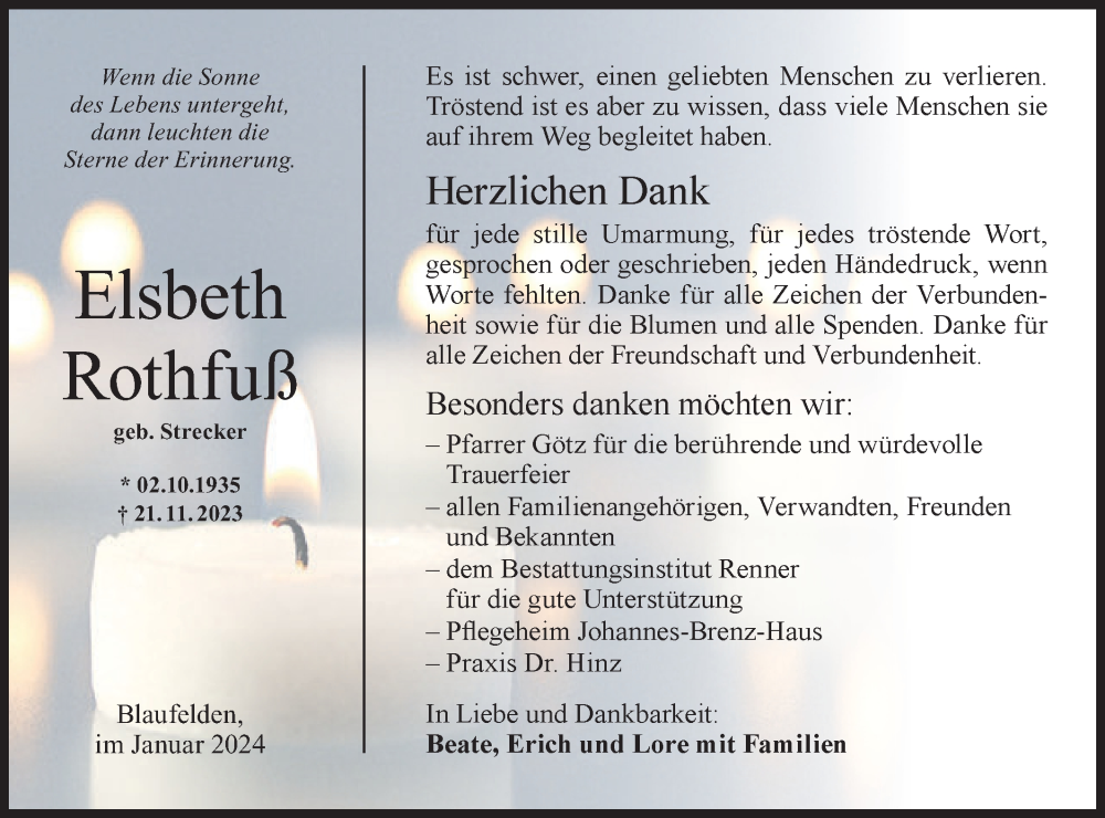  Traueranzeige für Elsbeth Rothfuß vom 05.01.2024 aus Hohenloher Tagblatt
