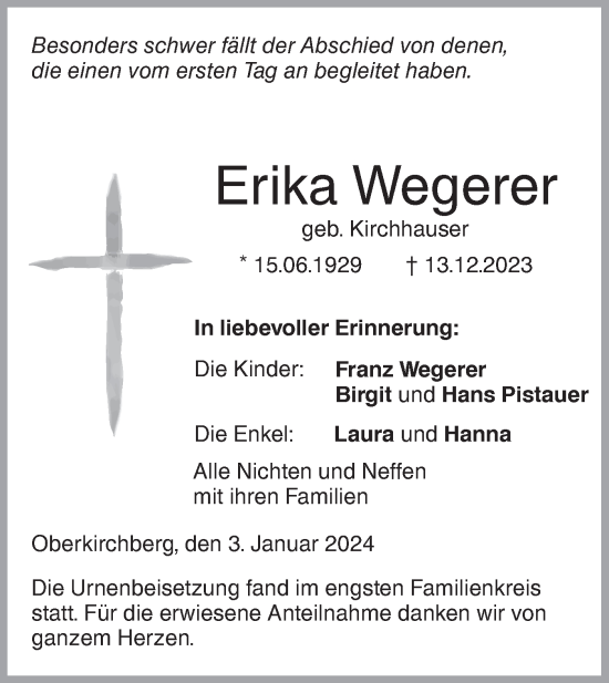 Traueranzeige von Erika Wegerer von SÜDWEST PRESSE Ausgabe Ulm/Neu-Ulm