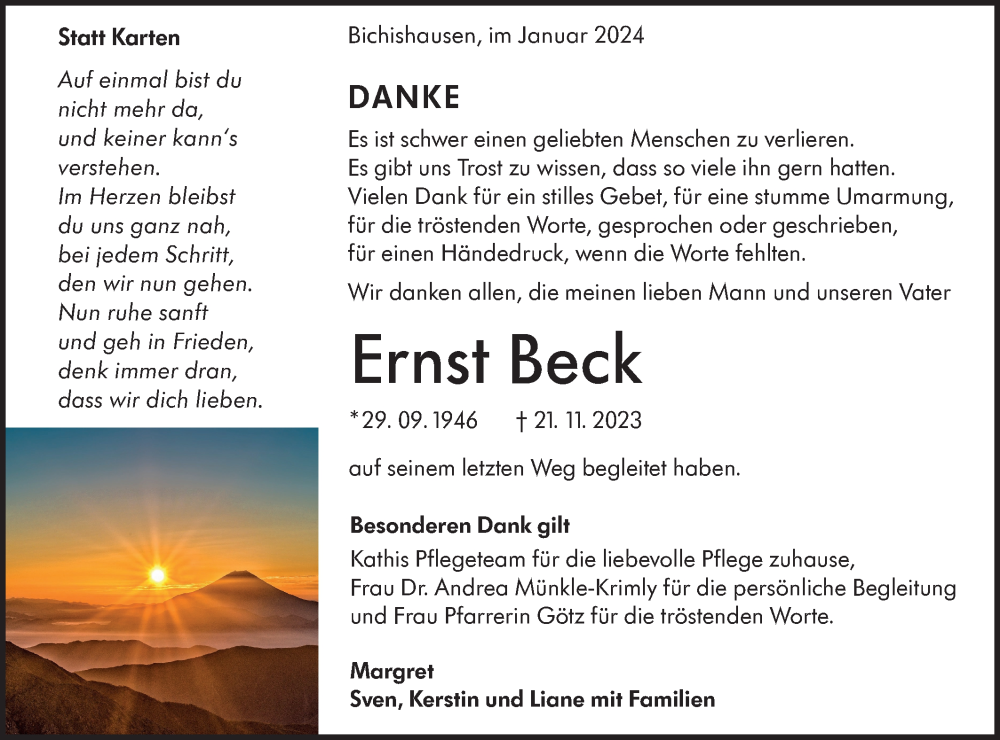  Traueranzeige für Ernst Beck vom 12.01.2024 aus Alb-Bote/Metzinger-Uracher Volksblatt