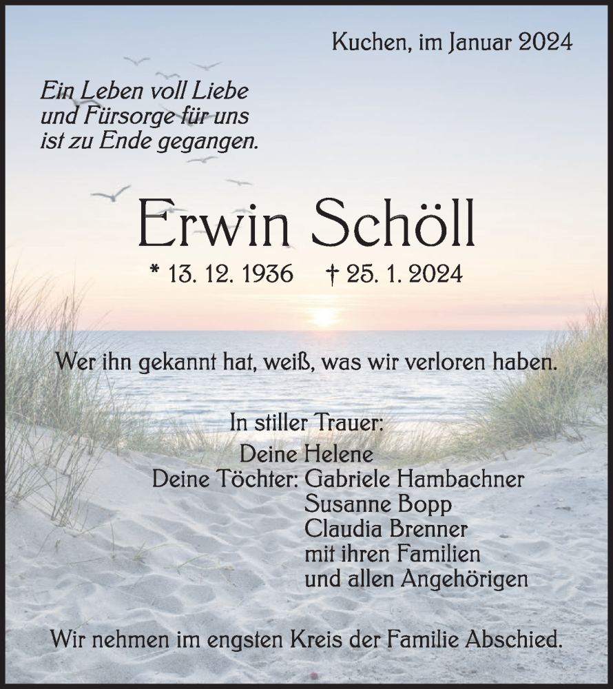  Traueranzeige für Erwin Schöll vom 31.01.2024 aus Geislinger Zeitung