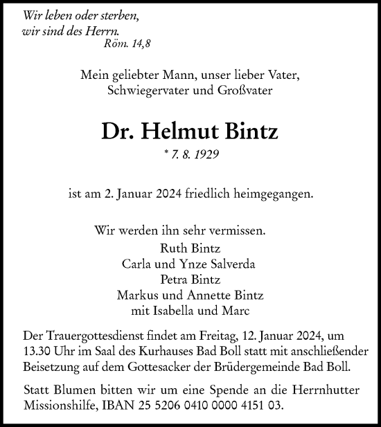 Traueranzeige von Helmut Bintz von NWZ Neue Württembergische Zeitung