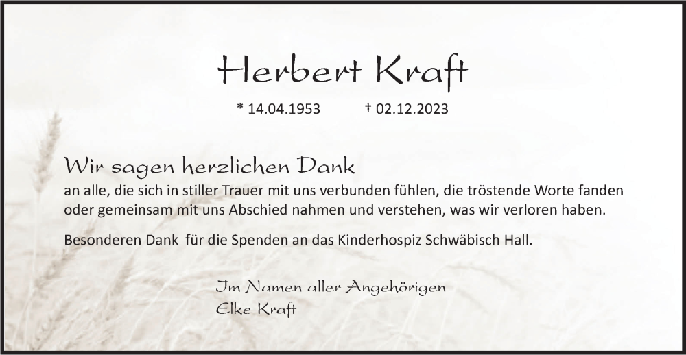  Traueranzeige für Herbert Kraft vom 13.01.2024 aus Haller Tagblatt