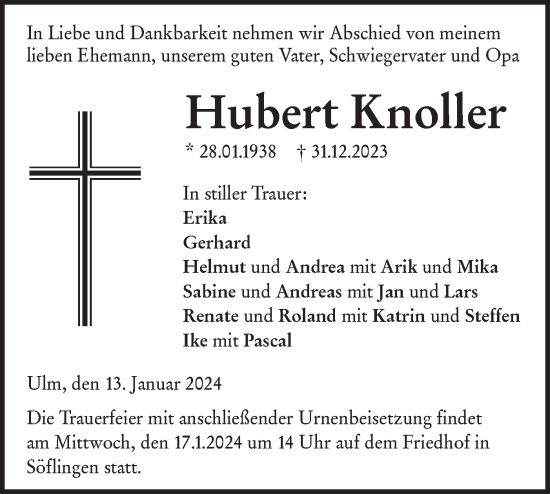 Traueranzeige von Hubert Knoller von SÜDWEST PRESSE Ausgabe Ulm/Neu-Ulm