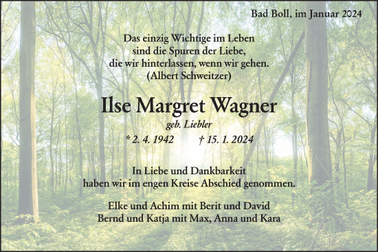 Traueranzeige von Ilse Margret Wagner von NWZ Neue Württembergische Zeitung