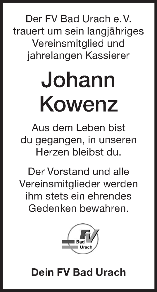 Traueranzeige von Johann Kowenz von SÜDWEST PRESSE/SÜDWEST PRESSE
