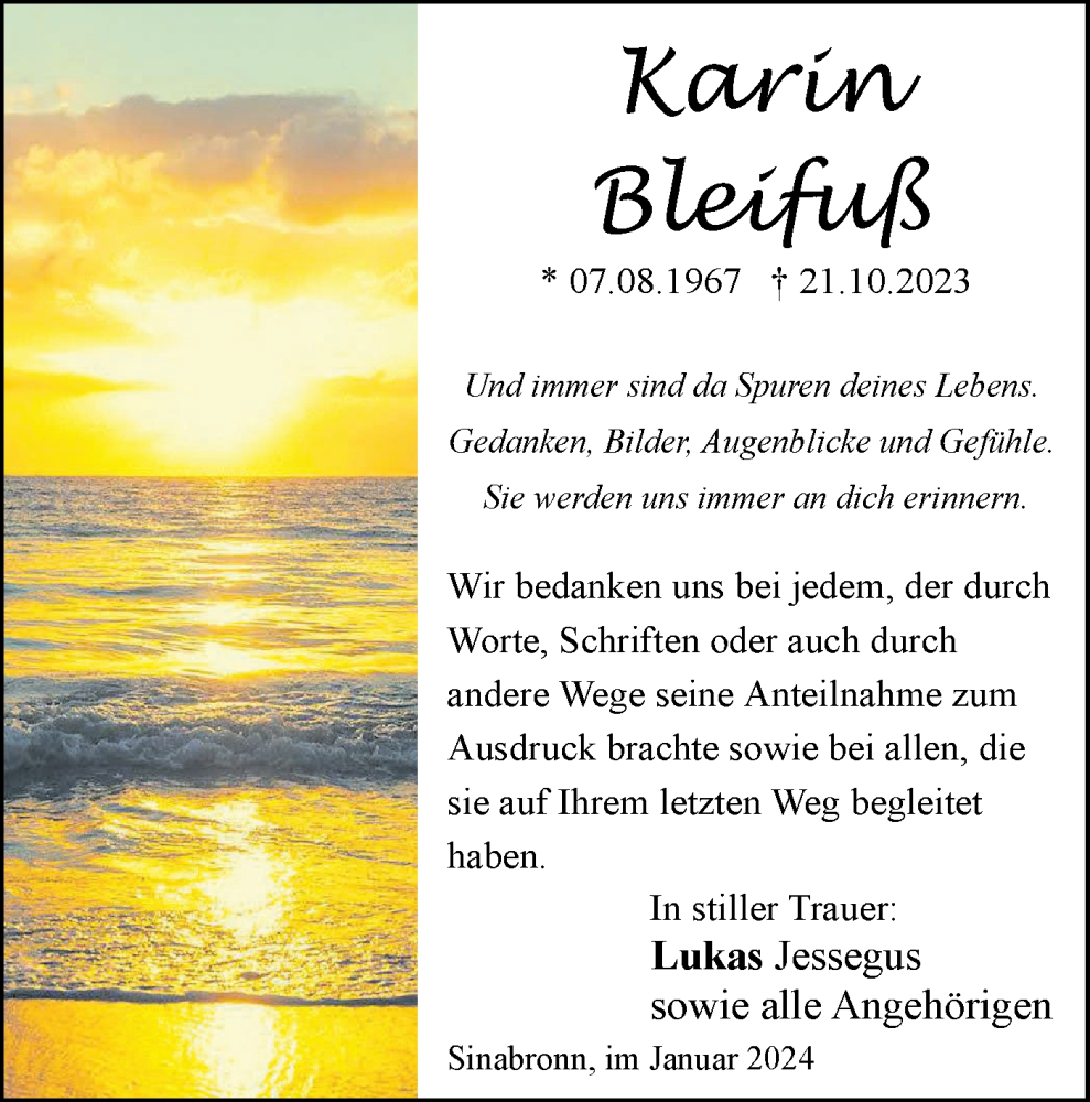  Traueranzeige für Karin Bleifuß vom 08.01.2024 aus SÜDWEST PRESSE Ausgabe Ulm/Neu-Ulm