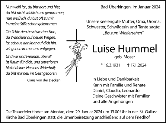 Traueranzeige von Luise Hummel von Geislinger Zeitung