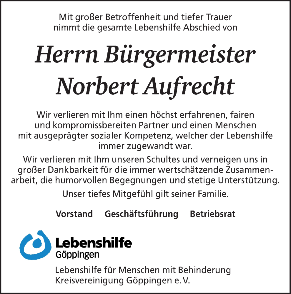  Traueranzeige für Norbert Aufrecht vom 18.01.2024 aus NWZ Neue Württembergische Zeitung