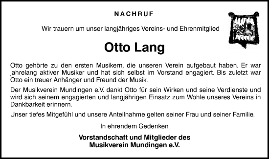 Traueranzeige von Otto Lang von Ehinger Tagblatt