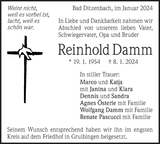 Traueranzeige von Reinhold Damm von Geislinger Zeitung