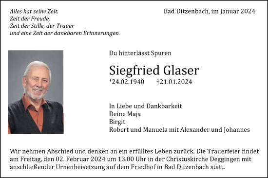 Traueranzeige von Siegfried Glaser von NWZ Neue Württembergische Zeitung/Geislinger Zeitung