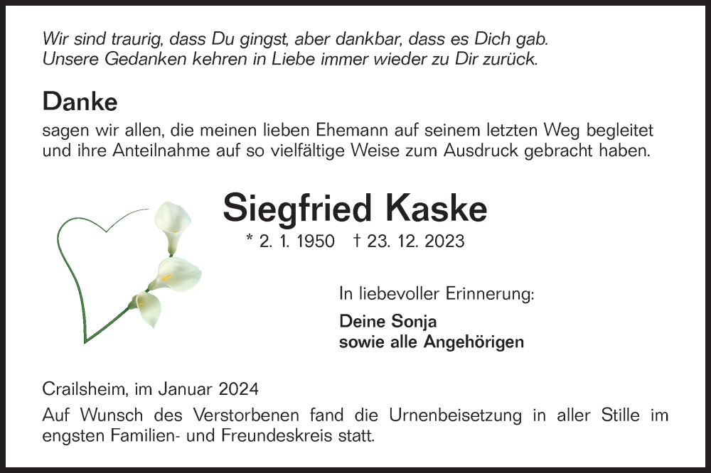  Traueranzeige für Siegfried Kaske vom 23.01.2024 aus Hohenloher Tagblatt