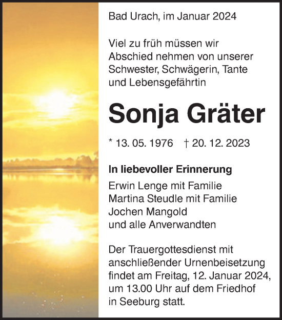 Traueranzeige von Sonja Gräter von SÜDWEST PRESSE/SÜDWEST PRESSE