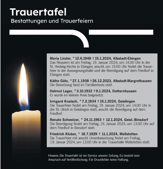 Traueranzeige von Totentafel vom 18.01.2024 von Hohenzollerische Zeitung