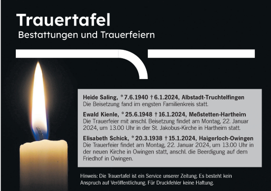 Traueranzeige von Totentafel vom 19.01.2024 von Hohenzollerische Zeitung