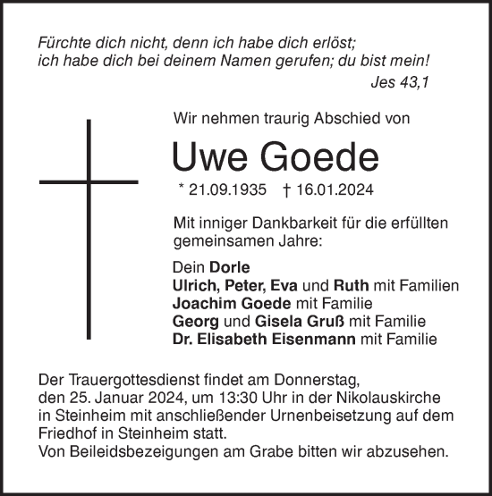 Traueranzeige von Uwe Goede von SÜDWEST PRESSE Ausgabe Ulm/Neu-Ulm