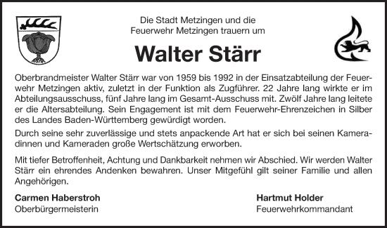 Traueranzeige von Walter Stärr von SÜDWEST PRESSE/SÜDWEST PRESSE