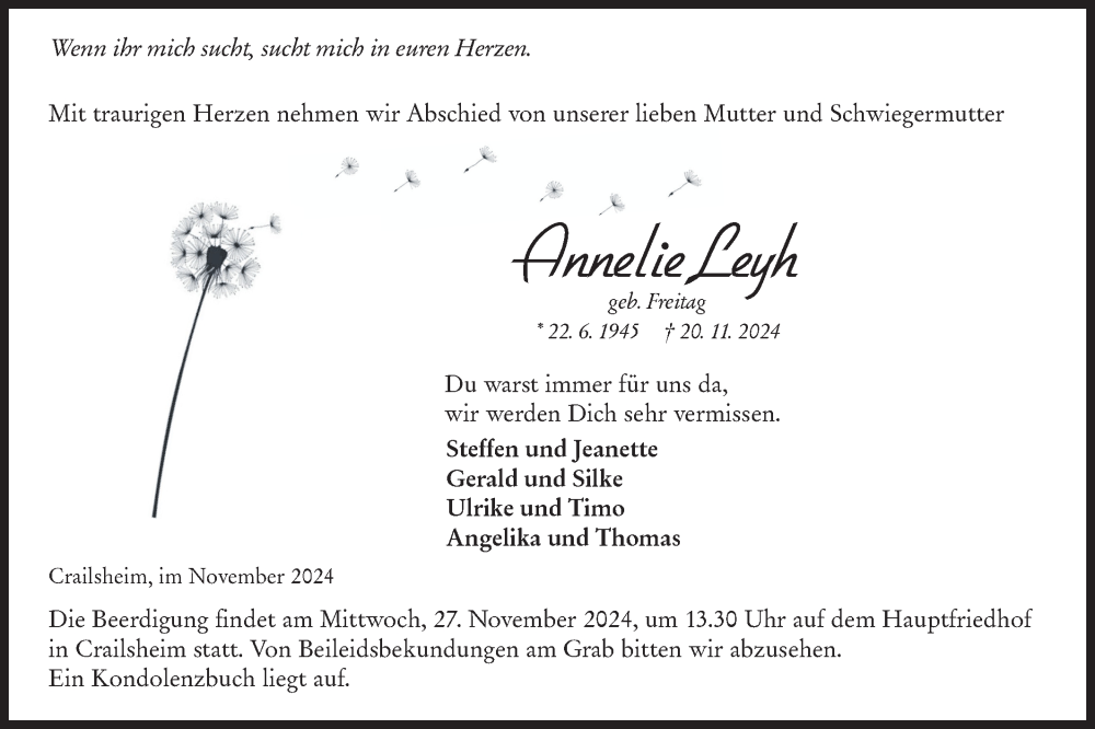  Traueranzeige für Annelie Leyh vom 23.11.2024 aus Hohenloher Tagblatt