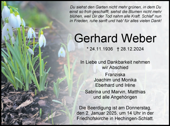 Traueranzeige von Gerhard Weber von SÜDWEST PRESSE Zollernalbkreis/Hohenzollerische Zeitung