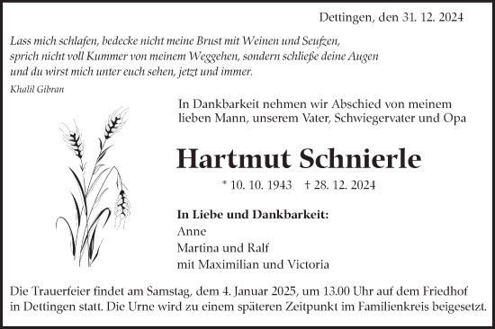 Traueranzeige von Hartmut Schnierle von Alb-Bote/Metzinger-Uracher Volksblatt