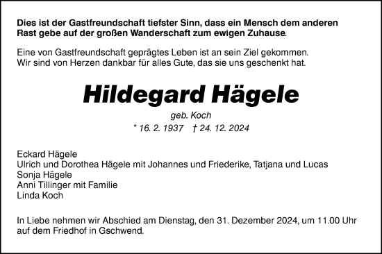 Traueranzeige von Hildegard Hägele von Rundschau Gaildorf