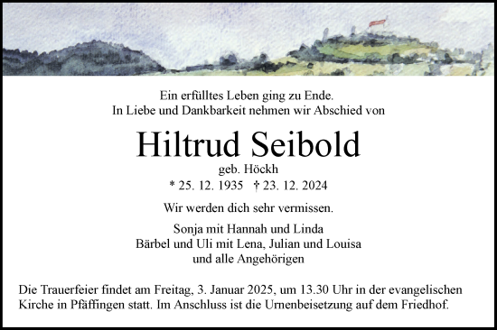 Traueranzeige von Hiltrud Seibold von Schwäbische Tagblatt