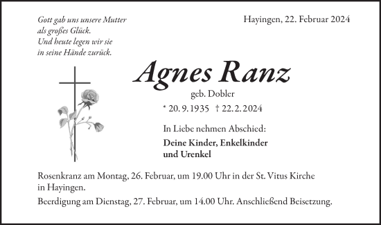 Traueranzeige von Agnes Ranz von Alb-Bote/Metzinger-Uracher Volksblatt