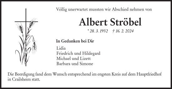 Traueranzeige von Albert Ströbel von Hohenloher Tagblatt
