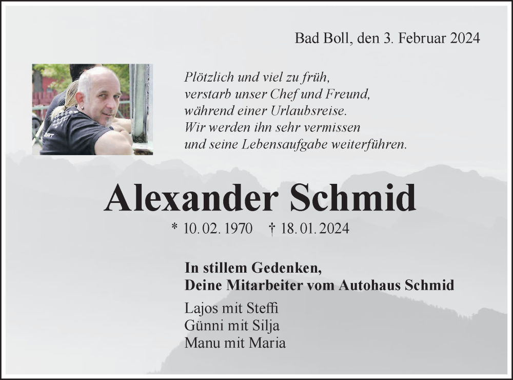  Traueranzeige für Alexander Schmid vom 03.02.2024 aus NWZ Neue Württembergische Zeitung