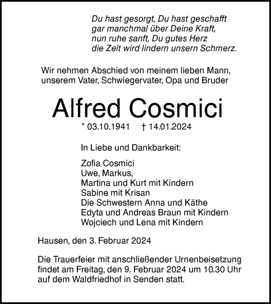 Traueranzeige von Alfred Cosmici von SÜDWEST PRESSE Ausgabe Ulm/Neu-Ulm