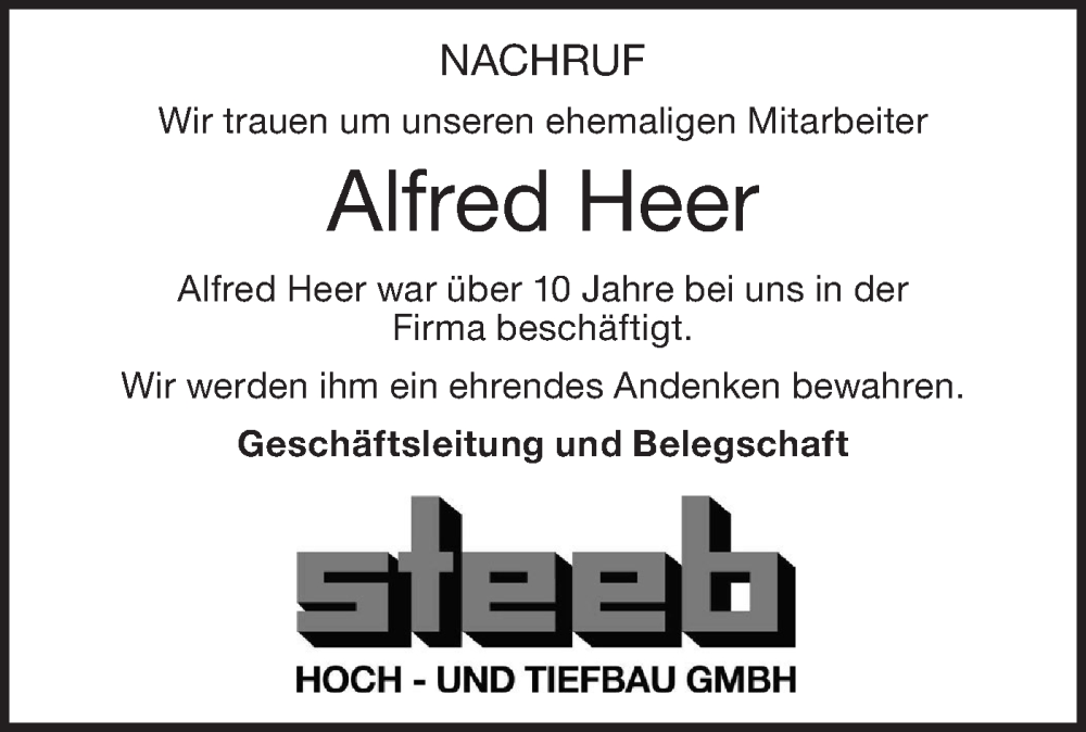  Traueranzeige für Alfred Heer vom 13.02.2024 aus NWZ Neue Württembergische Zeitung