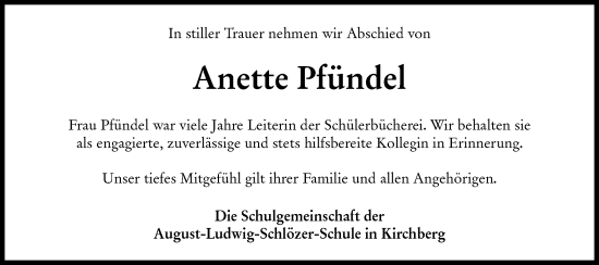 Traueranzeige von Anette Pfündel von Hohenloher Tagblatt