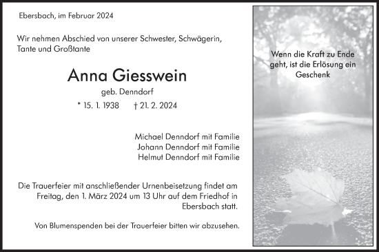 Traueranzeige von Anna Giesswein von NWZ Neue Württembergische Zeitung
