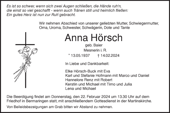 Traueranzeige von Anna Hörsch von SÜDWEST PRESSE Ausgabe Ulm/Neu-Ulm